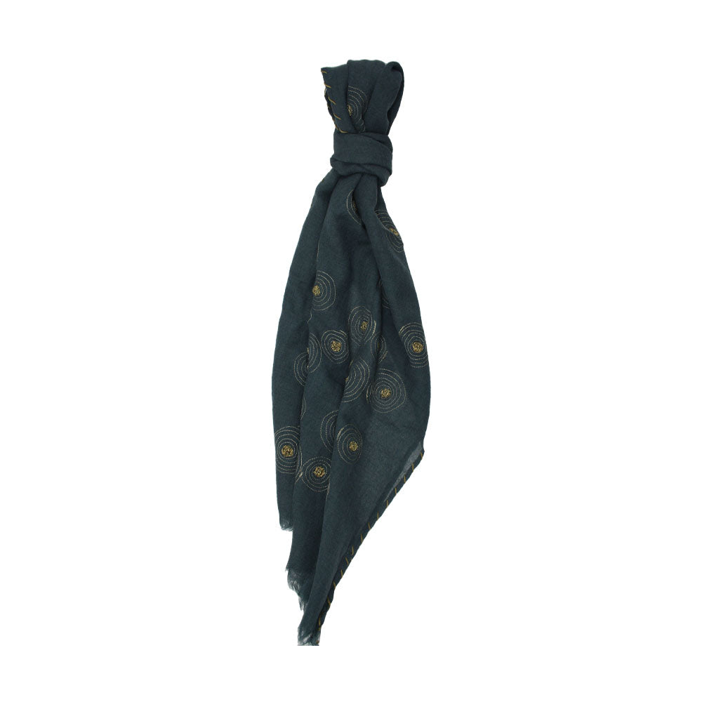 Grey wool scarf with subtle gold spiral detail by Mouftah El Chark, minimalist elegant accessory at Idole Lebanon