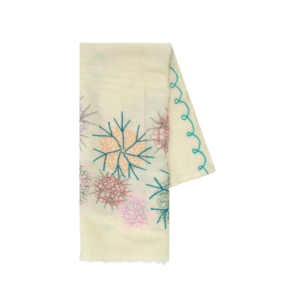 Beige linen cotton scarf with blossom design by Mouftah El Chark, lightweight summer accessory at Idole Lebanon