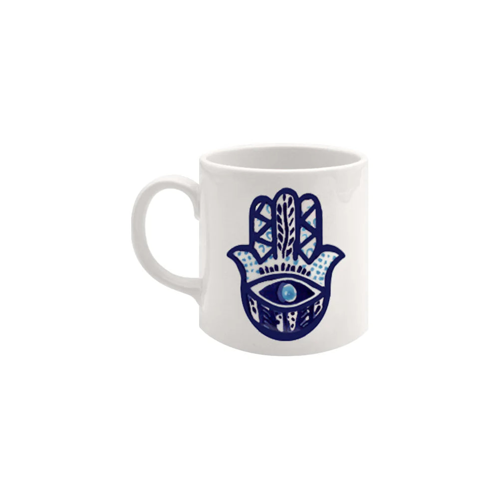 Handmade Hamsa Hand ceramic mug with blue symbolic artwork crafted in Lebanon