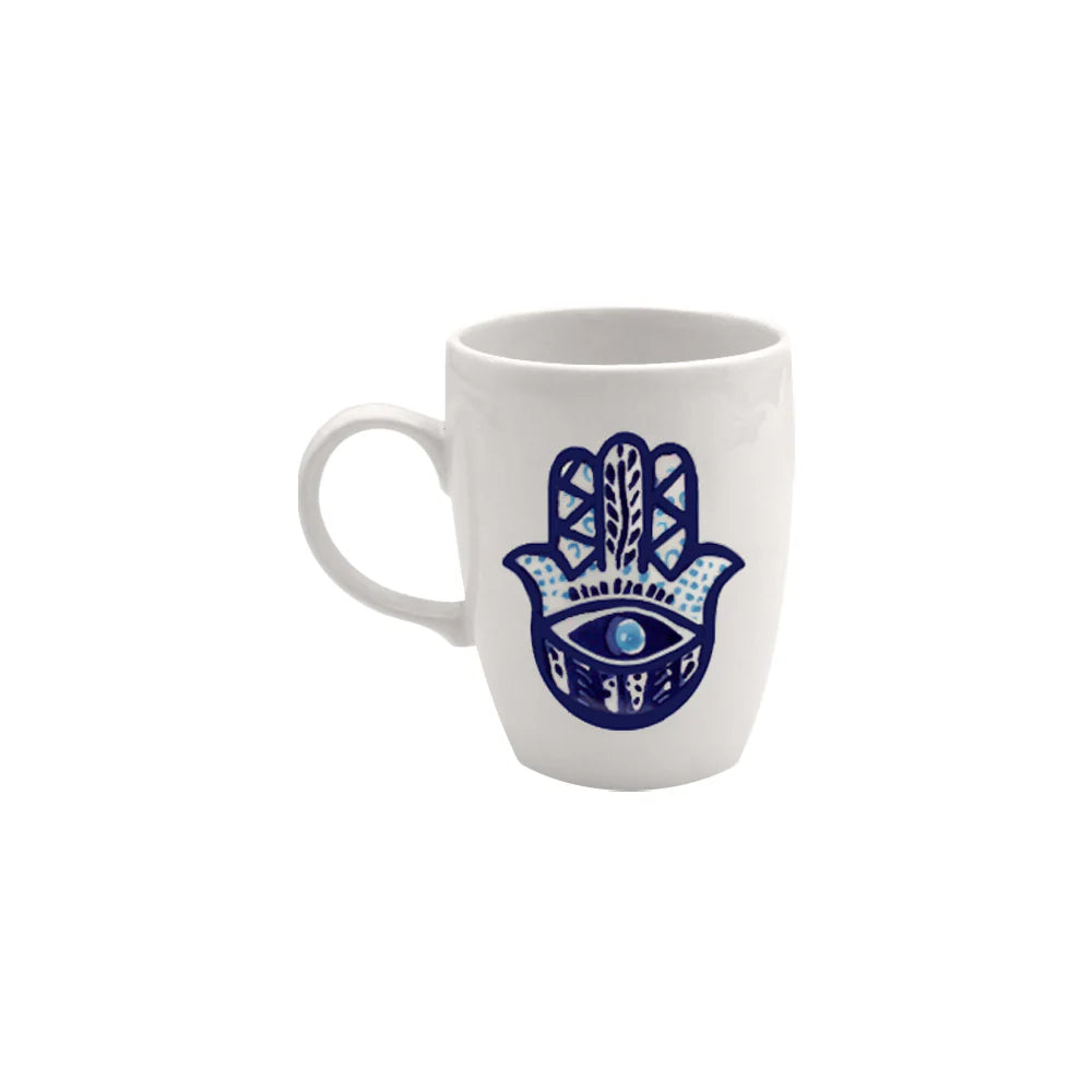 Handmade Hamsa Hand Round ceramic mug with blue symbolic artwork crafted in Lebanon
