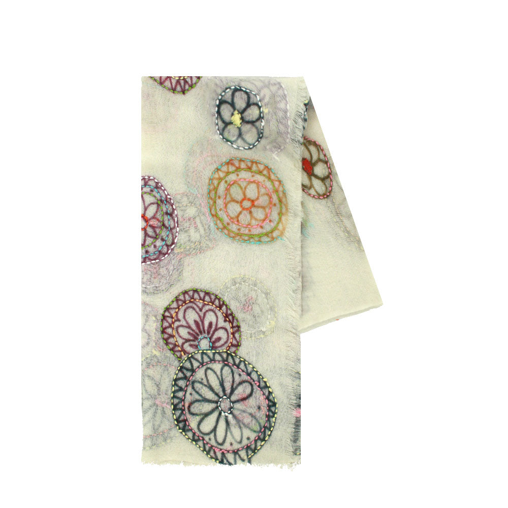 Beige wool scarf with colorful floral patterns by Mouftah El Chark, elegant and artistic accessory at Idole Lebanon