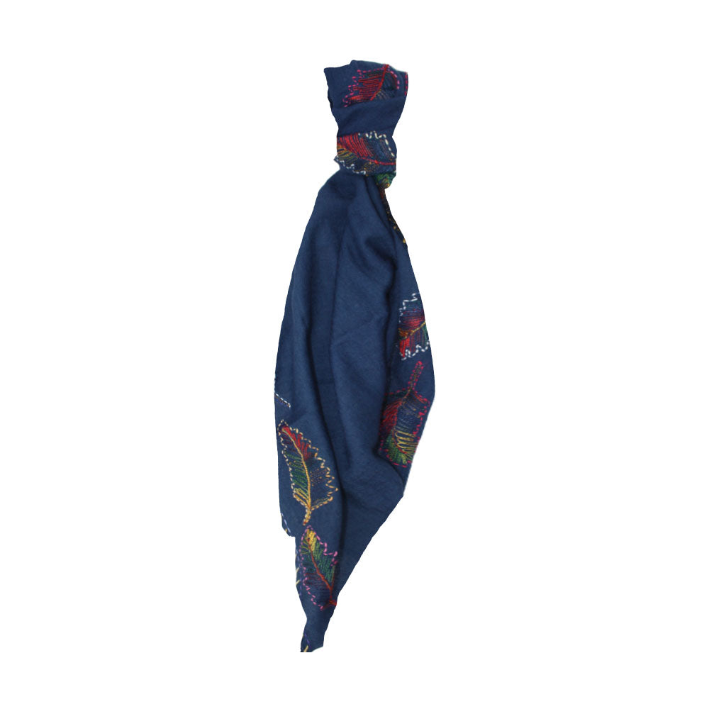 Blue wool scarf with leaf accents by Mouftah El Chark, elegant everyday accessory at Idole Lebanon