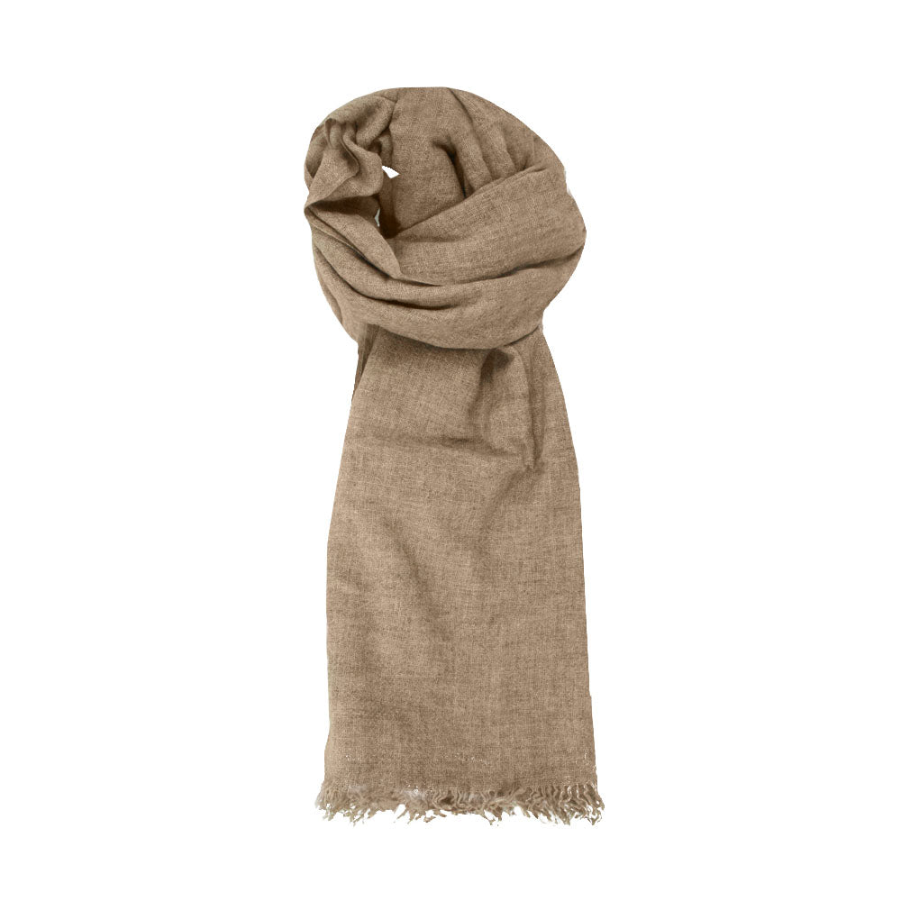 Beige wool scarf by Mouftah El Chark, soft neutral everyday winter accessory at Idole Lebanon