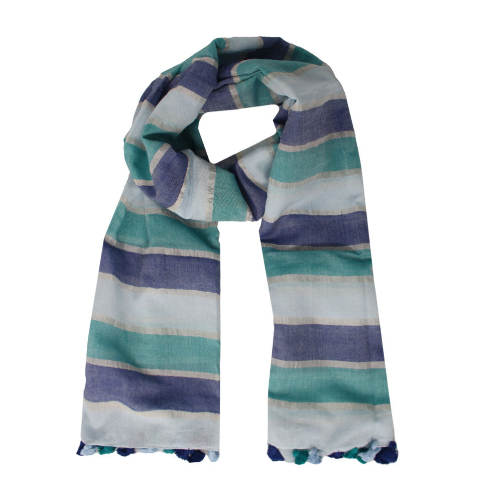 Blue striped silk cotton scarf by Mouftah El Chark, lightweight elegant summer accessory at Idole Lebanon