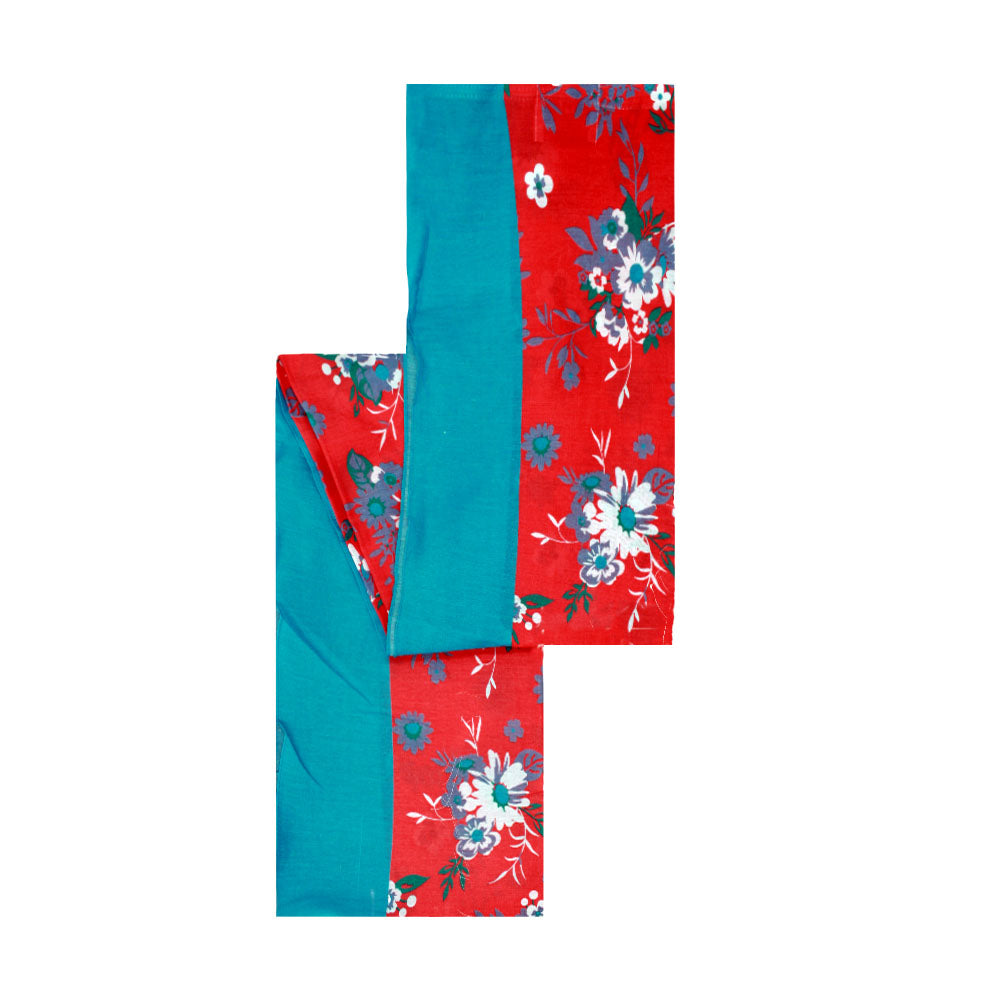 Turquoise and red cotton scarf with floral pattern by Mouftah El Chark, vibrant summer accessory at Idole Lebanon