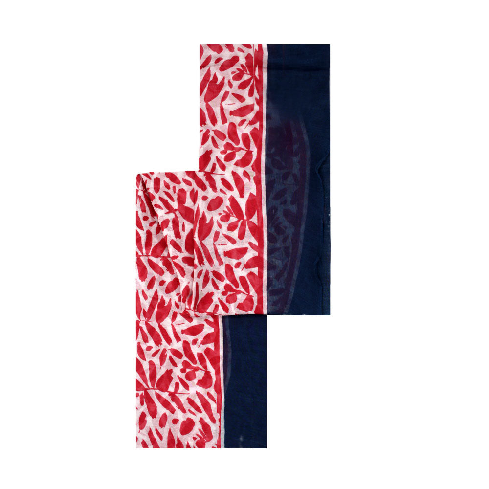 Red and denim blue cotton scarf with leaf pattern by Mouftah El Chark, bold modern accessory at Idole Lebanon