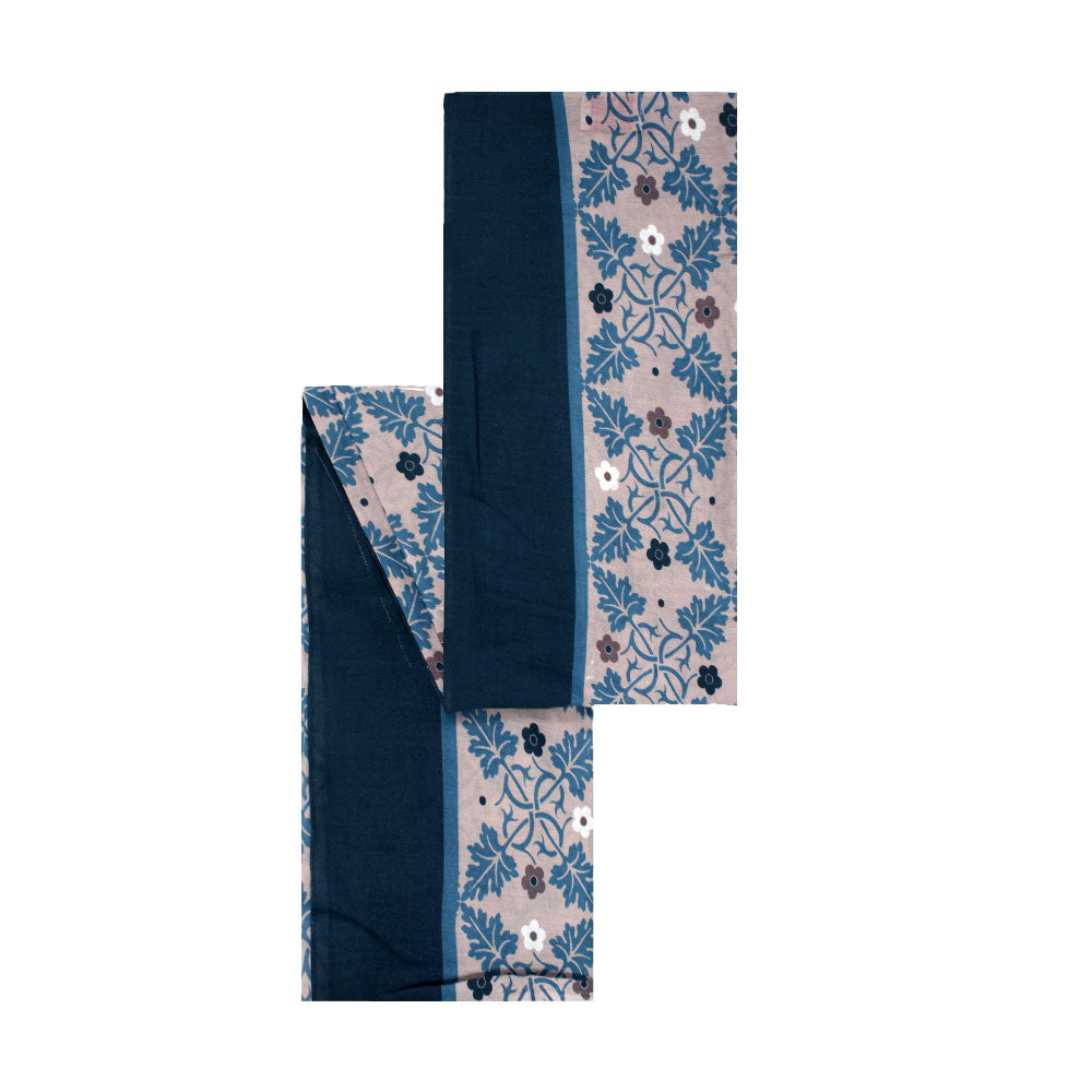 Blue and beige cotton scarf with leaves pattern by Idole Lebanon, lightweight elegant fashion accessory