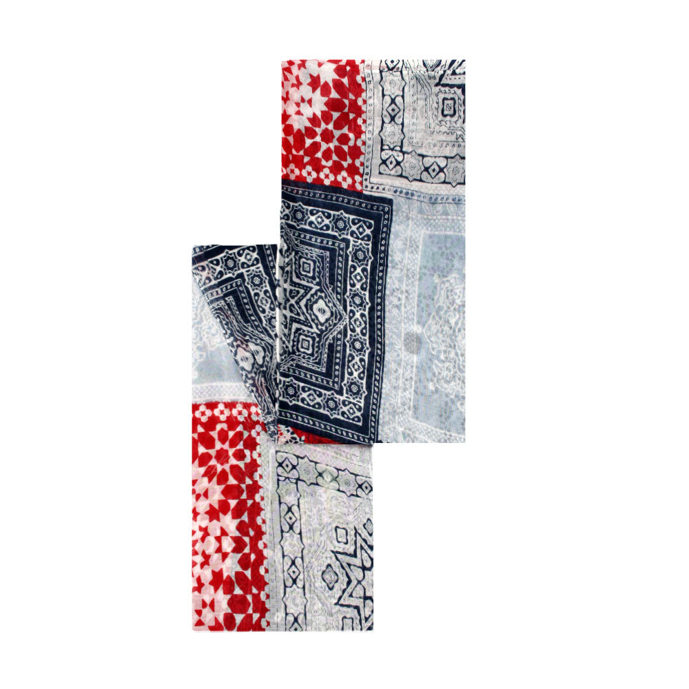 Red and blue printed cotton scarf with mixed patterns by Mouftah El Chark, artistic lightweight accessory at Idole Lebanon