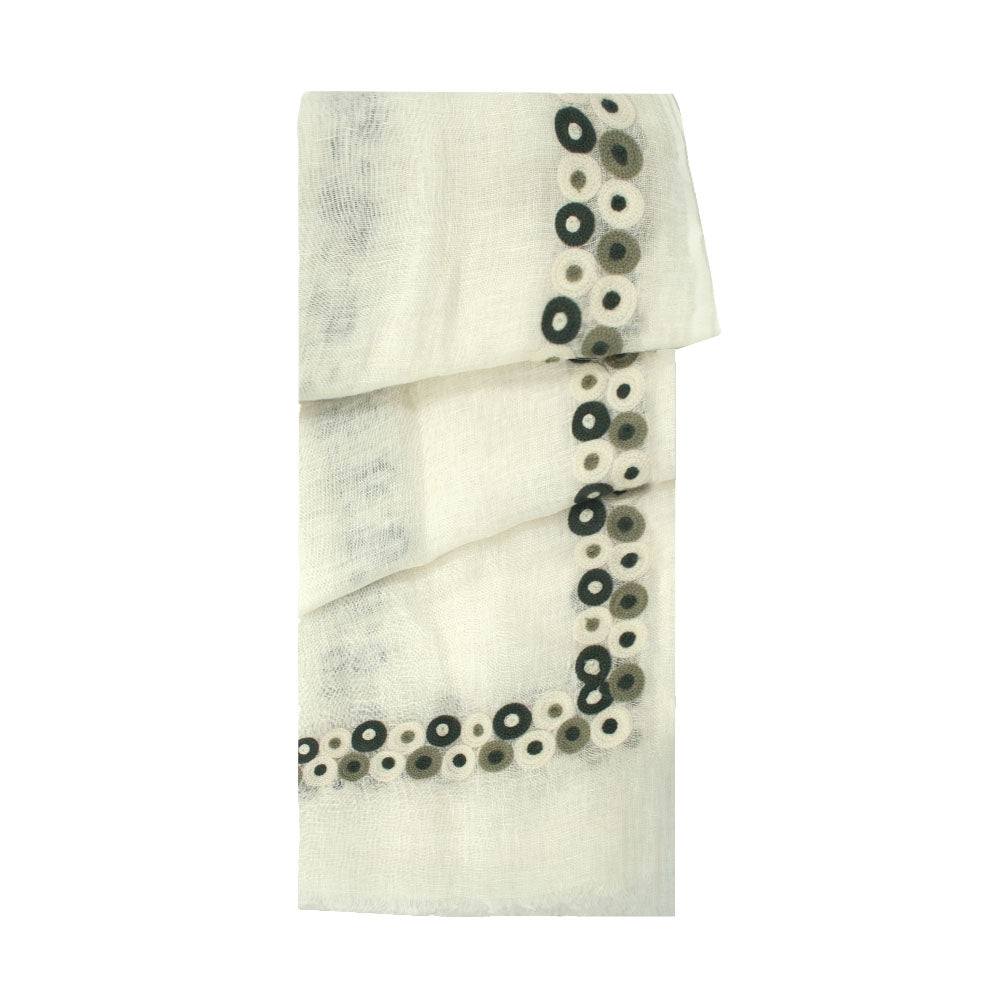 Beige linen scarf with olive circular pattern by Mouftah El Chark, lightweight natural elegant accessory at Idole Lebanon