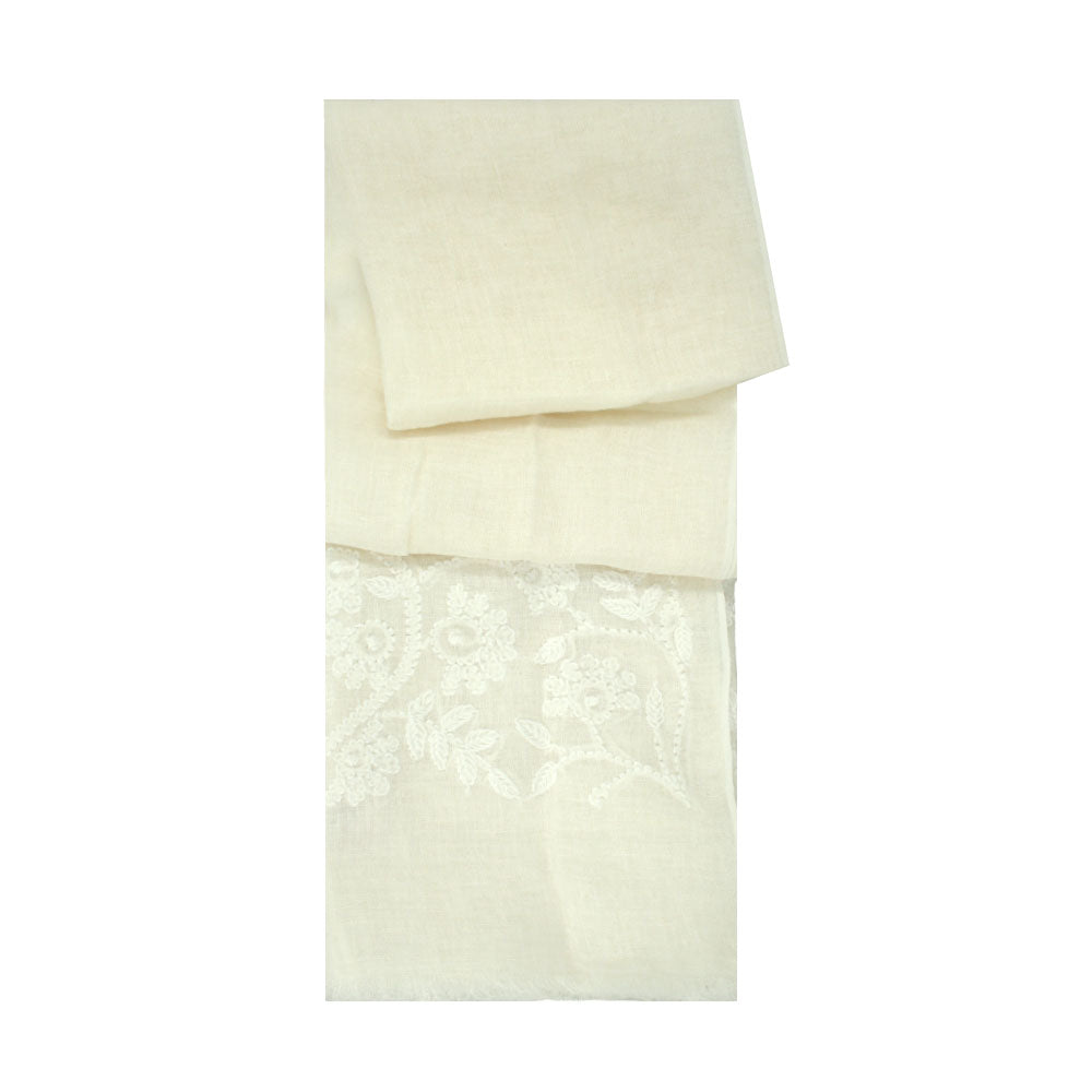 White linen scarf with subtle floral pattern by Mouftah El Chark, elegant minimalist summer accessory at Idole Lebanon
