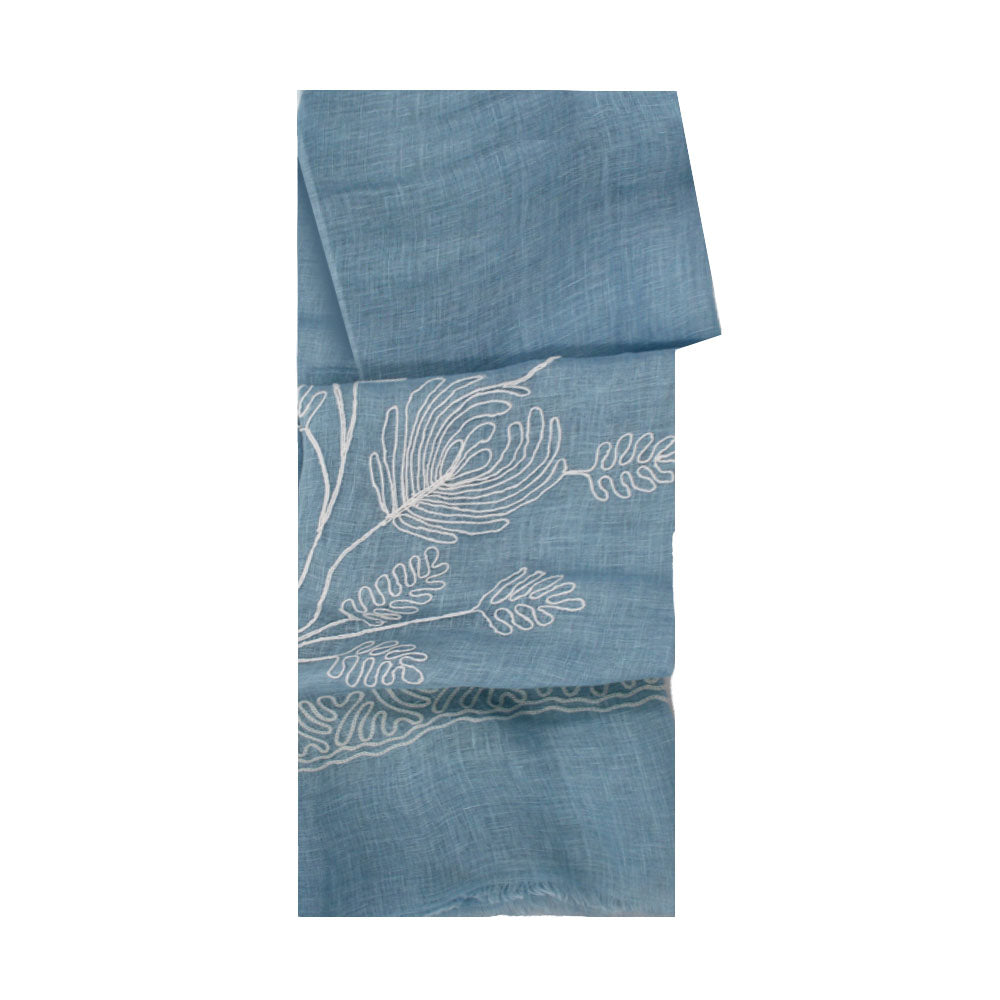 Blue linen scarf with floral and leaf line pattern by Mouftah El Chark, elegant lightweight summer accessory at Idole Lebanon