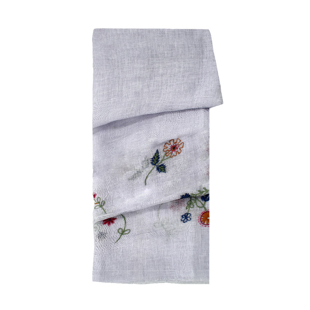 Grey linen scarf with lilac floral accents by Mouftah El Chark, lightweight elegant summer accessory at Idole Lebanon