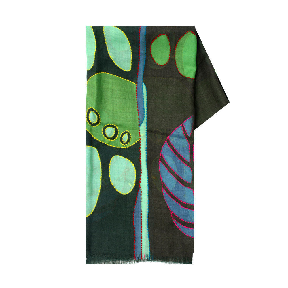 Olive wool scarf with abstract leaf pattern by Mouftah El Chark, artistic elegant winter accessory at Idole Lebanon