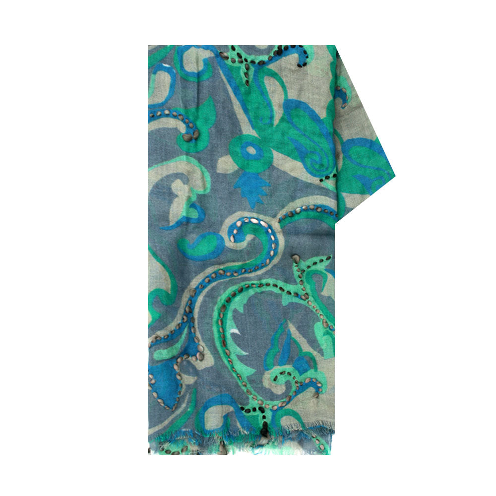 Green and grey wool scarf with abstract pattern by Mouftah El Chark, artistic elegant winter accessory at Idole Lebanon