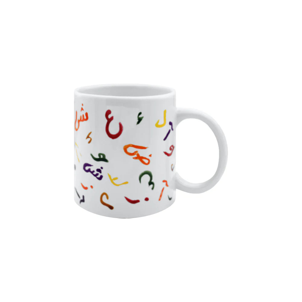 Handmade Arabic Letters ceramic mug with colorful Arabic calligraphy crafted in Lebanon