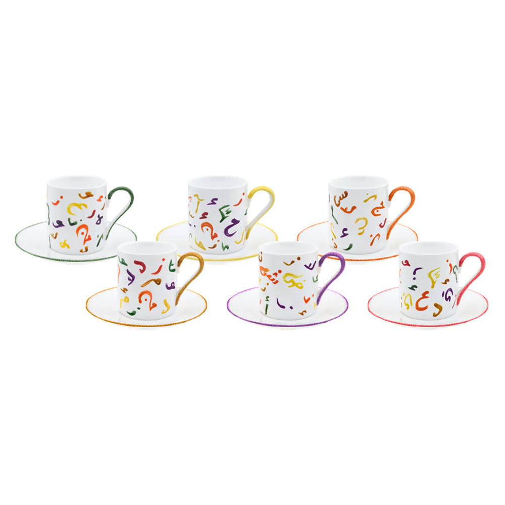 Handmade Arabic Letters Black ceramic coffee cups and saucers set crafted and painted in Lebanon