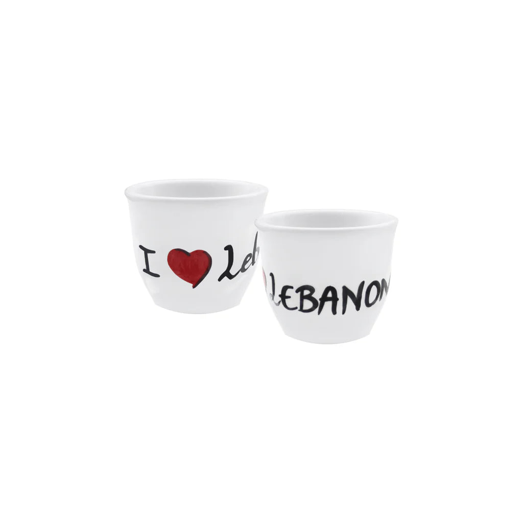 Handmade I Love Lebanon ceramic coffee cups set crafted and painted in Lebanon