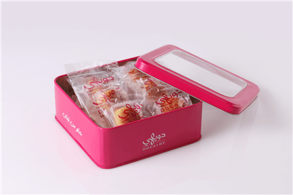 Packed Lebanese date maamoul cookies in elegant tin box by Douaihy Sweets