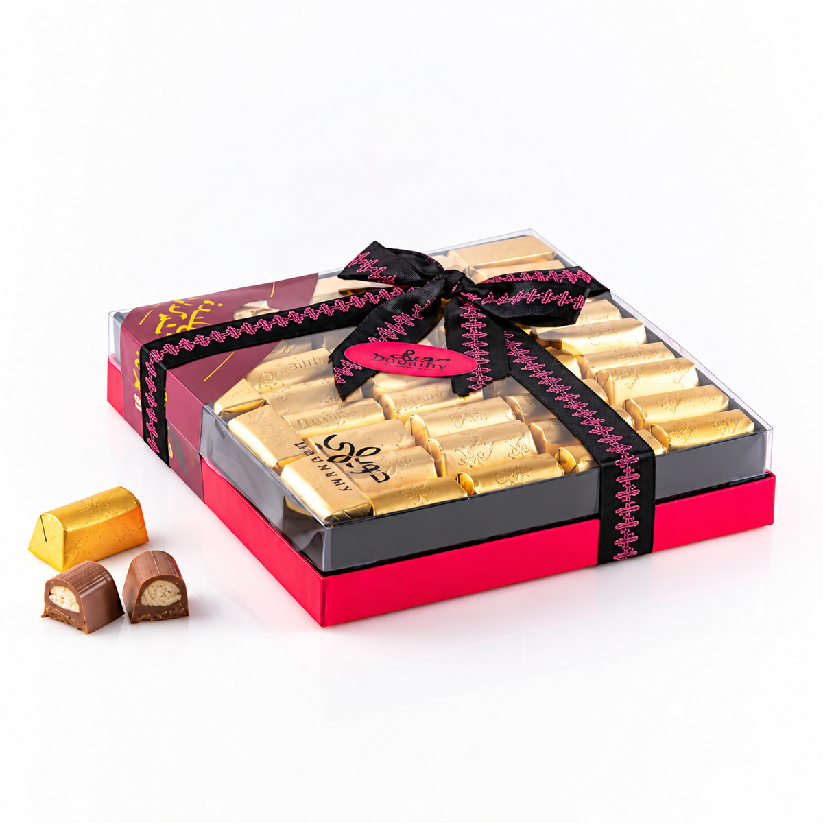 Douaihy Baklava Chocolate ~ 40pcs. Gold-wrapped chocolate baklava in a black and pink ribbon gift box.