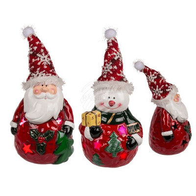 Santa and snowman Christmas figurines with colour-changing LED light, 19 cm
