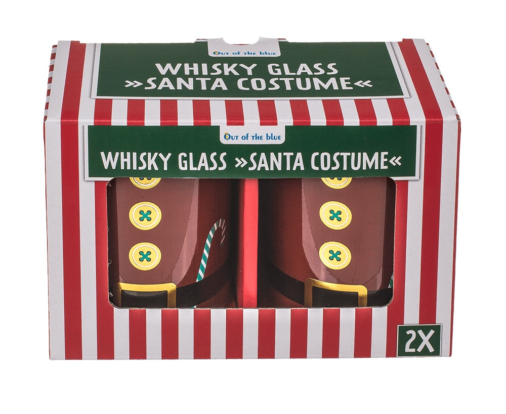 Set of two whisky glasses with Santa costume design in window box