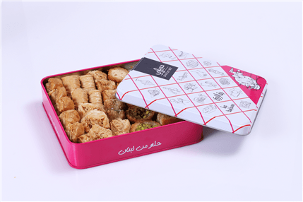 Assorted Lebanese baklava in luxury touristic travel tin by Douaihy Sweets