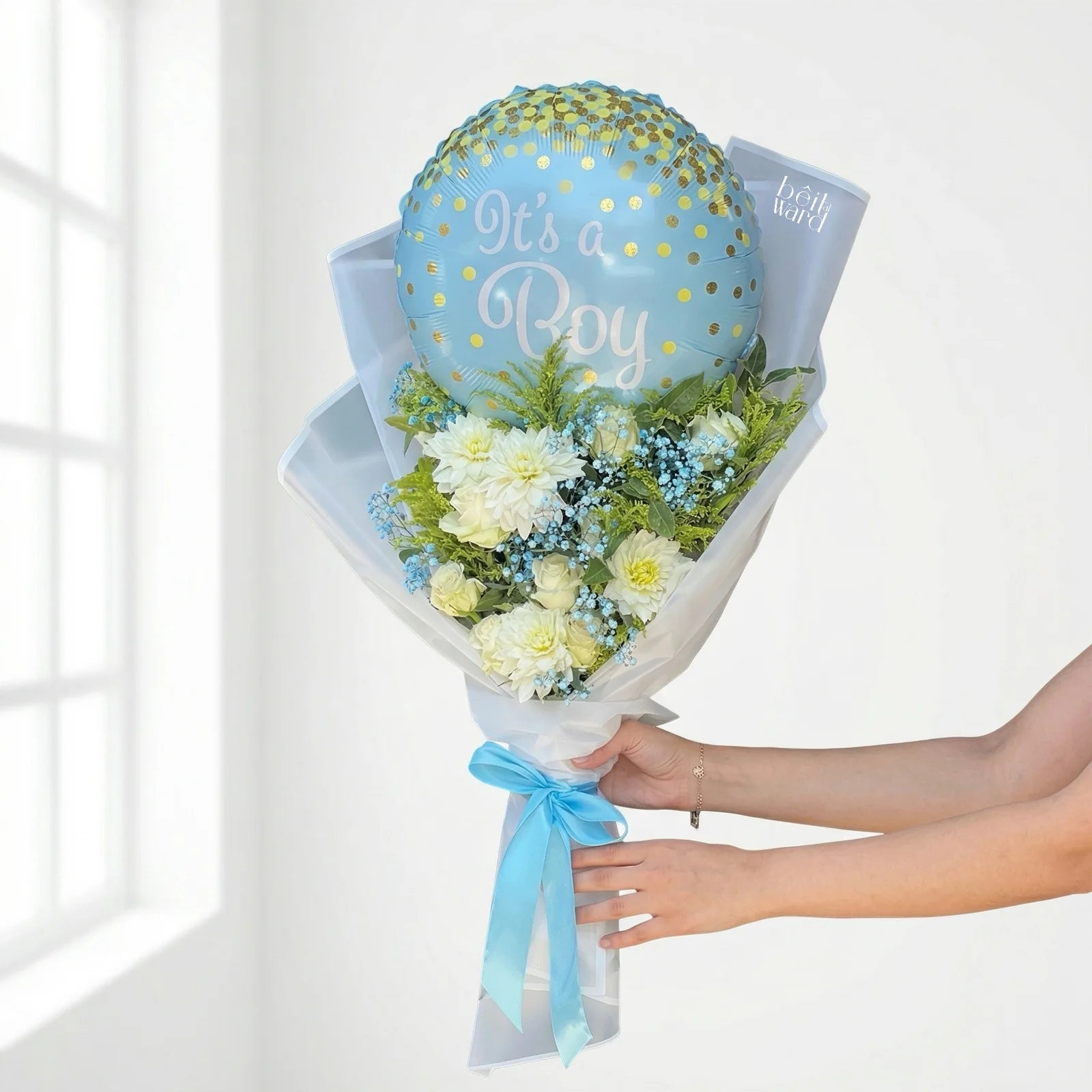 Blue and white baby boy flower bouquet with helium balloon Lebanon by Beit El Ward