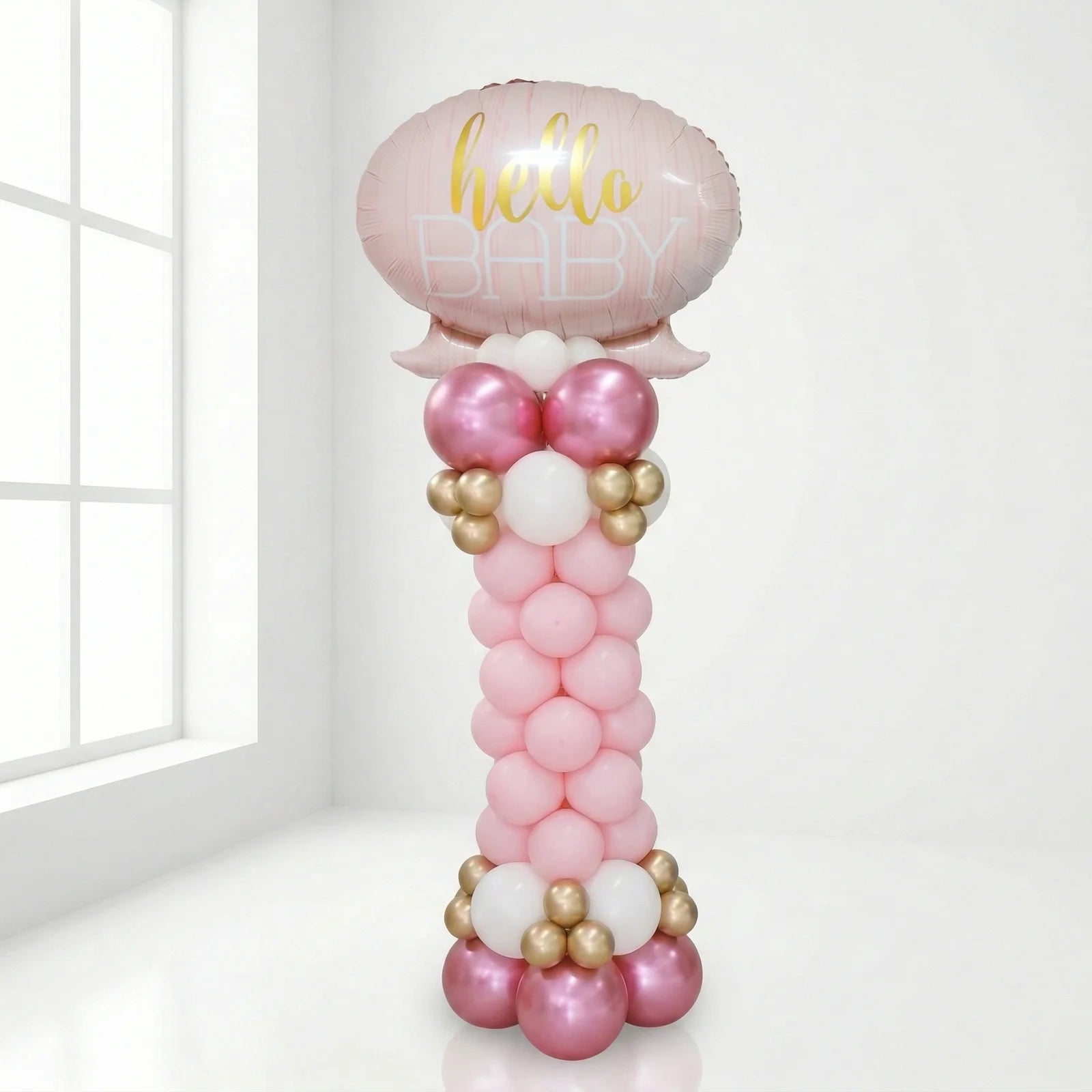 Pink and gold baby girl balloon arrangement with hello baby sign Beirut Lebanon
