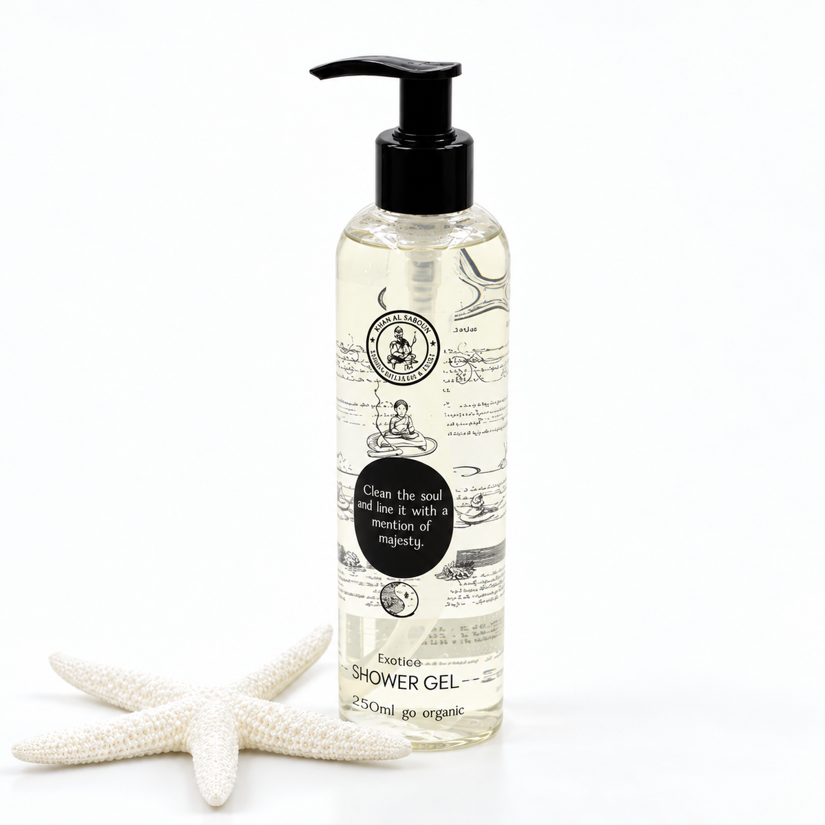 Khan Al Saboun Incense Shower Gel – 250ml. Clear shower gel bottle with black pump and white starfish.