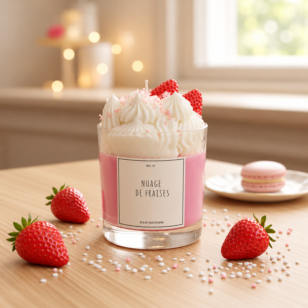 Eclat Nocturne Nuage de Fraises Candle – Strawberry Cream Soy Wax Candle. Pink strawberry cream candle with whipped wax topping and strawberries.
