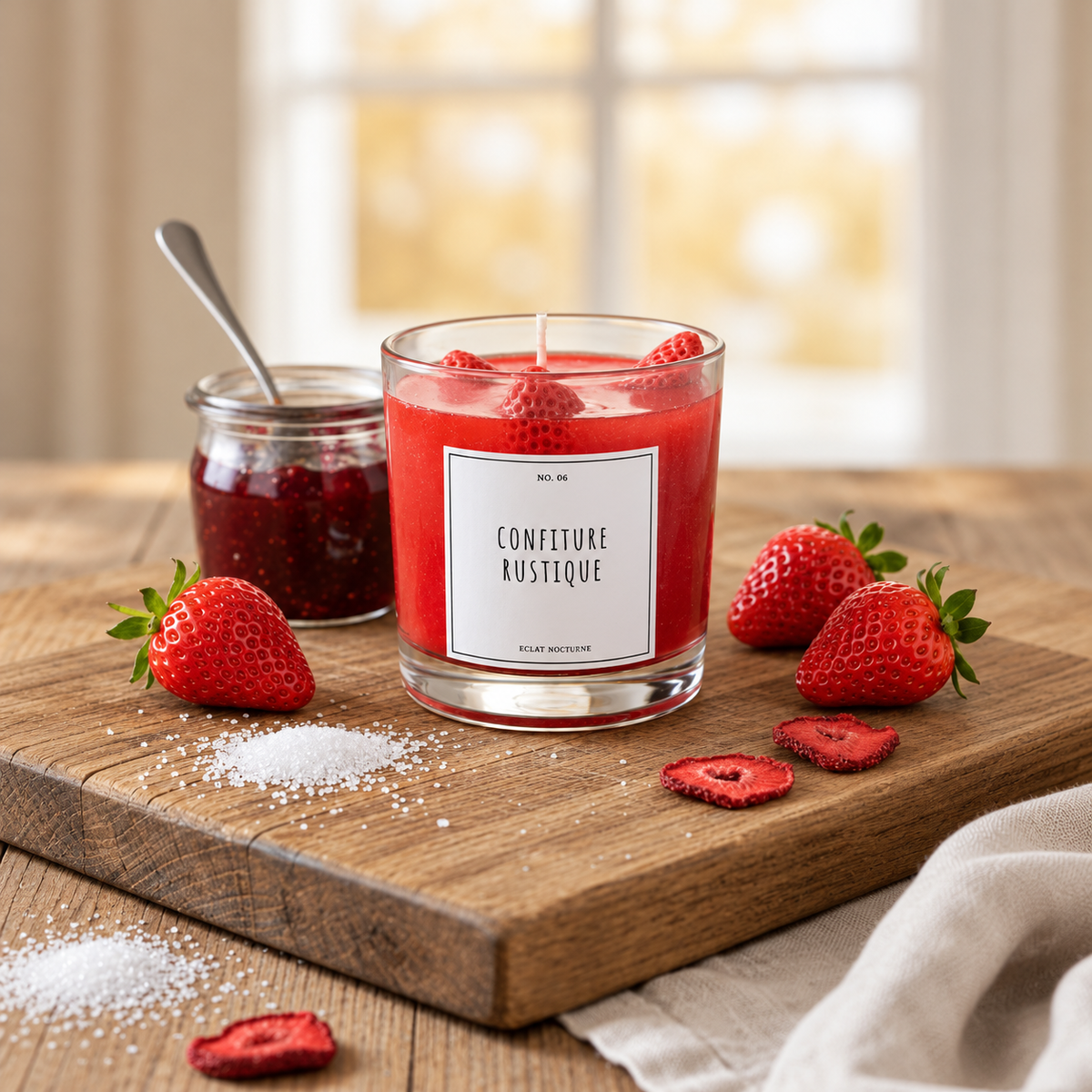 Eclat Nocturne Confiture Rustique Candle – Strawberry Preserve Soy Wax Candle. Red strawberry preserve candle in a glass beside strawberries and a jam jar.