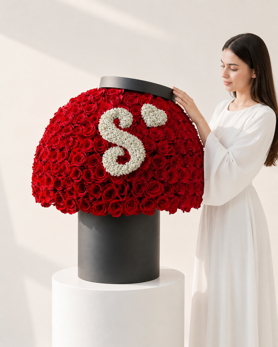 Luxury red roses box with personalized floral initial designed for romantic gifting and anniversaries in Lebanon