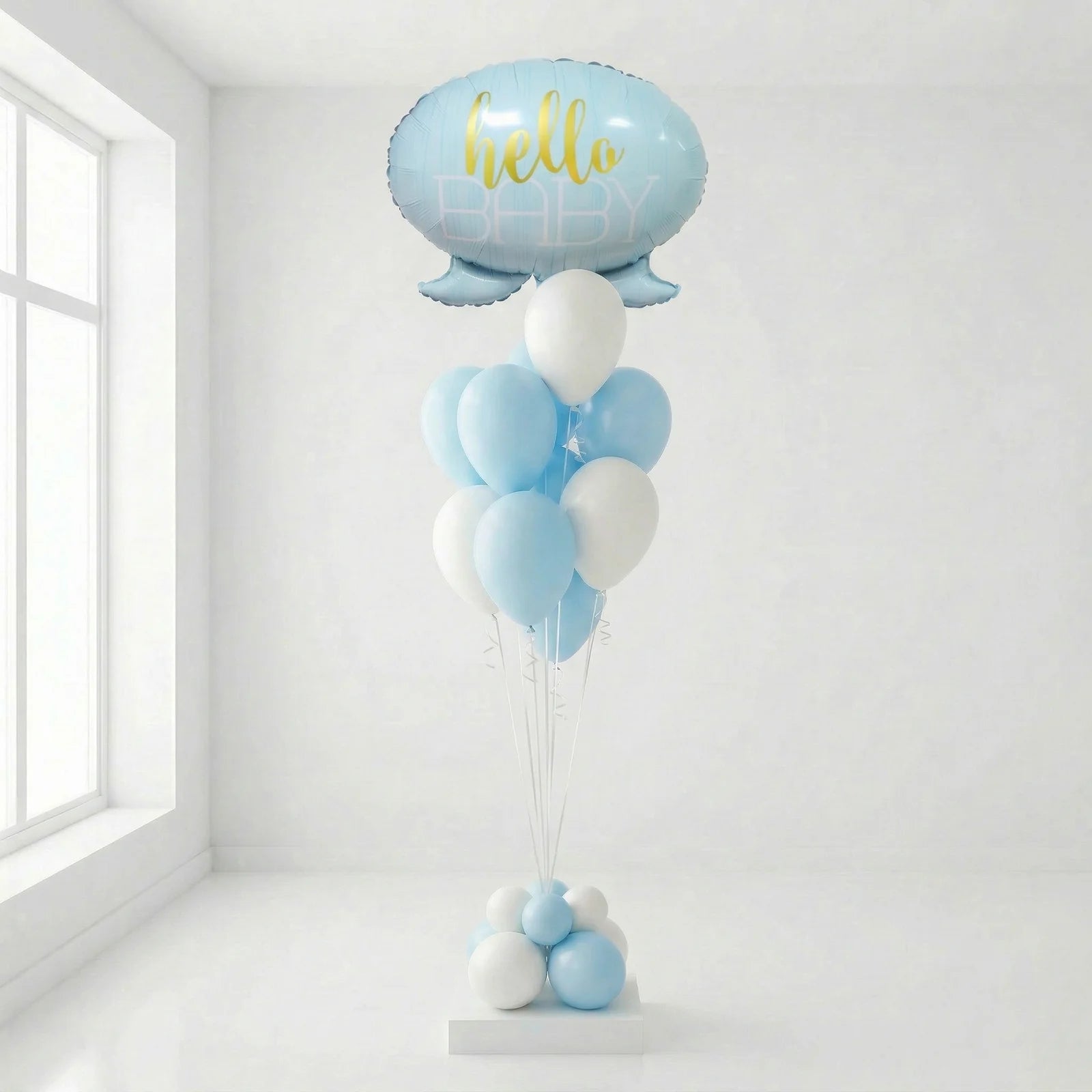 Blue and white baby boy balloon arrangement with hello baby sign Beirut Lebanon
