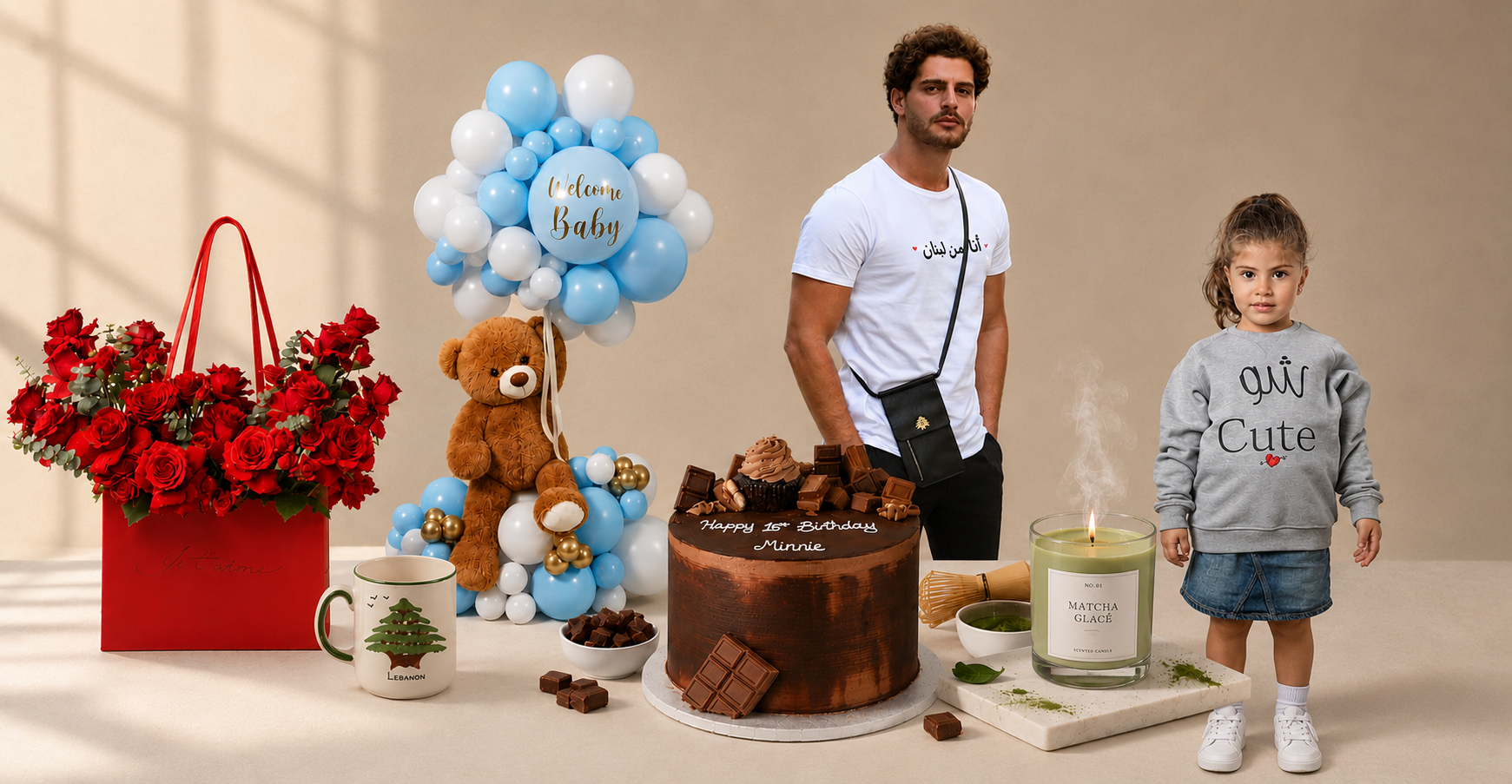 Luxury Idole Lebanon gifts banner featuring red roses, baby balloons, birthday cake, Lebanese mug, candle, fashion items, and curated gifts in an elegant warm setting.