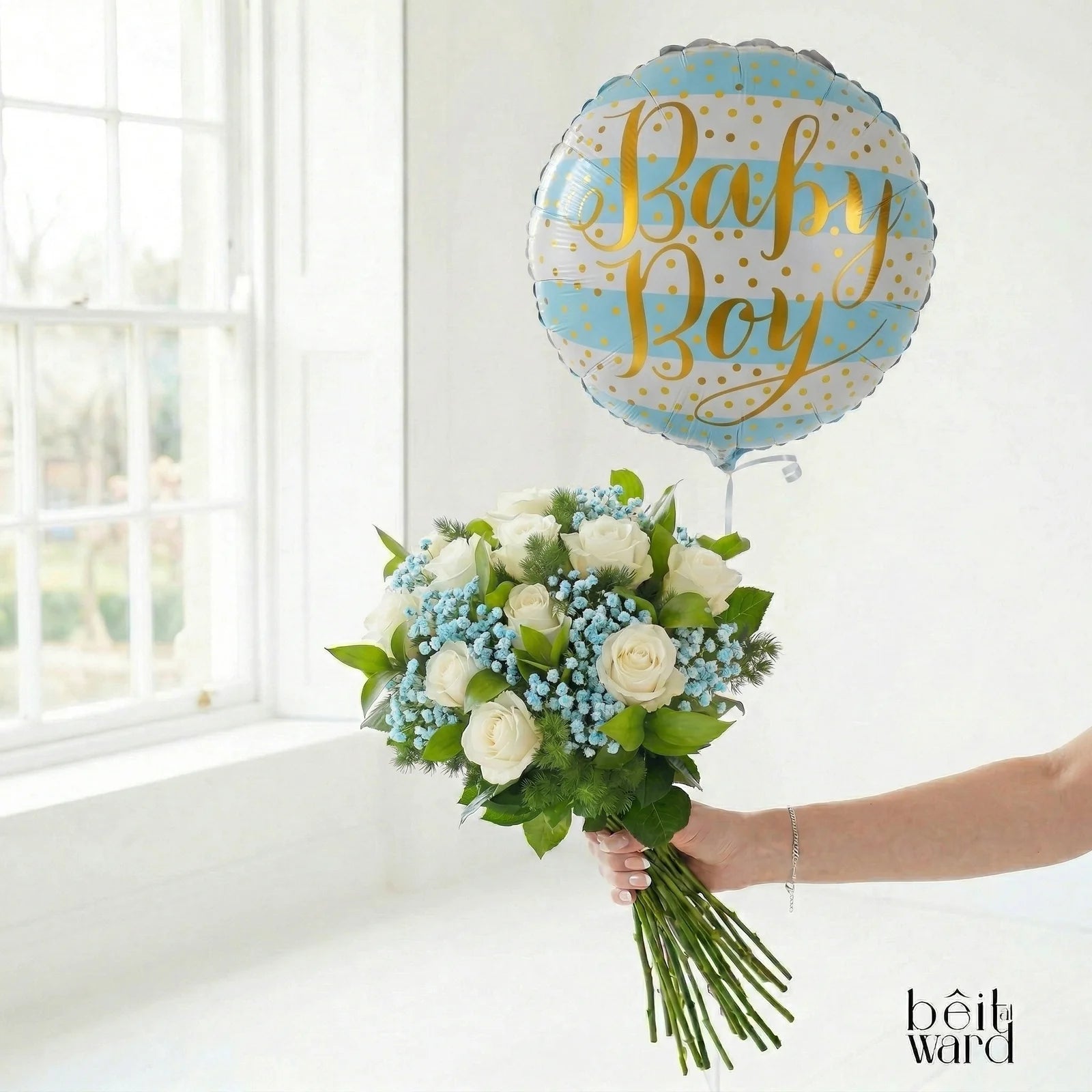 Blue and white baby boy flower bouquet with balloon gift Beirut Lebanon
