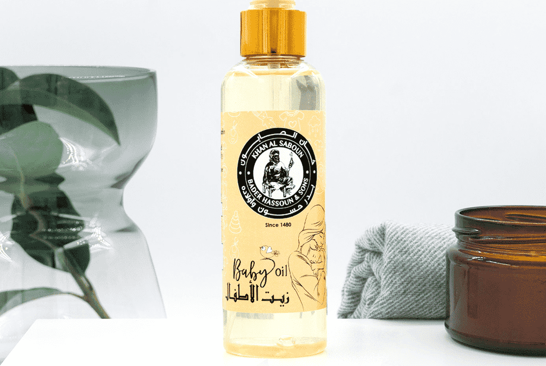 Baby oil bottle by Khan Al Saboun with natural skincare presentation for babies in USA
