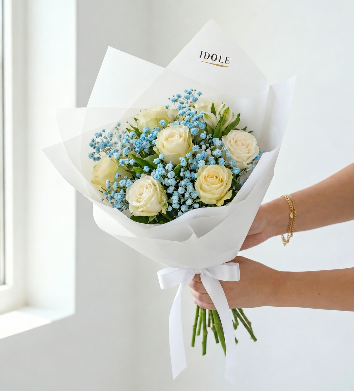 Baby Blue Rose Bouquet | White Roses & Baby Breath Lebanon by Fleurs De La Sagesse