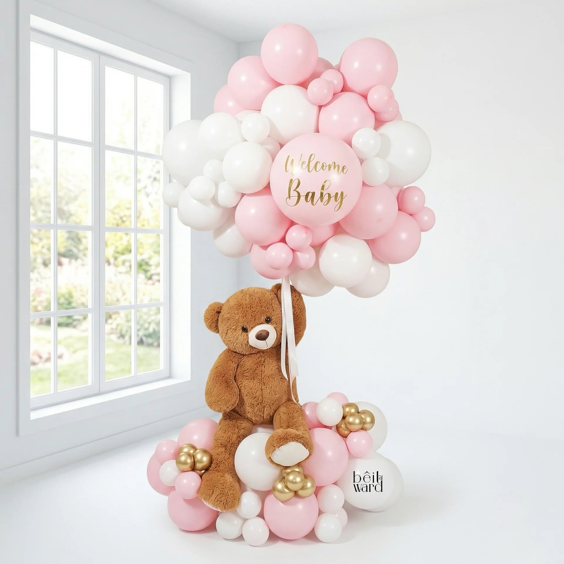 Teddy Is Here luxury pink and white welcome baby balloon stand with teddy bear for delivery in Lebanon by Idole Lebanon