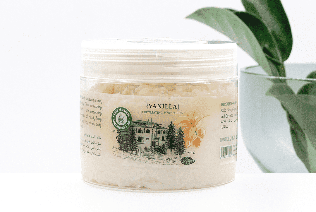 Vanilla body scrub jar by Khan Al Saboun with natural skincare presentation in USA
