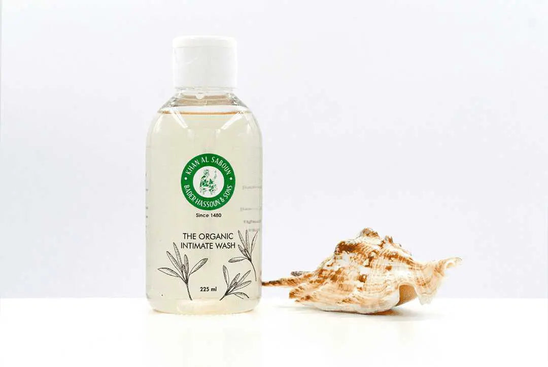 Organic intimate wash bottle by Khan Al Saboun with natural skincare presentation in USA
