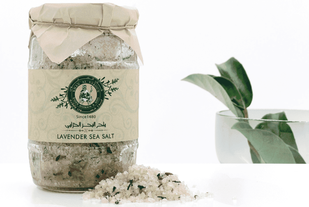 Lavender sea salt scrub jar by Khan Al Saboun with natural skincare presentation in USA
