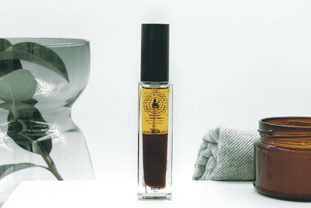 Musk body oil bottle by Khan Al Saboun with elegant natural skincare presentation in USA
