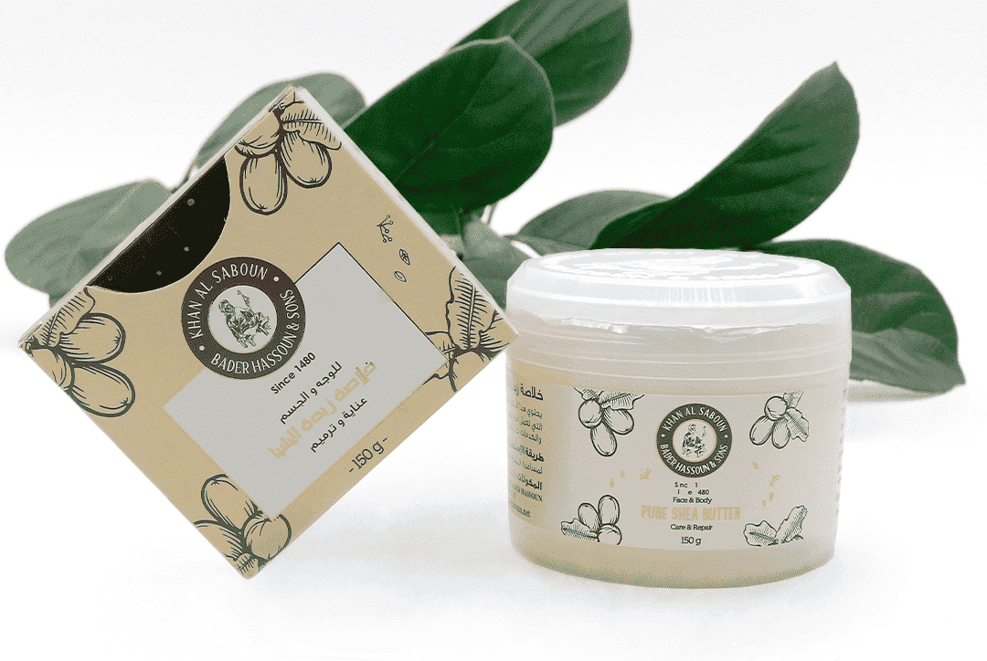 Pure shea butter jar with box packaging by Khan Al Saboun for natural skincare in USA
