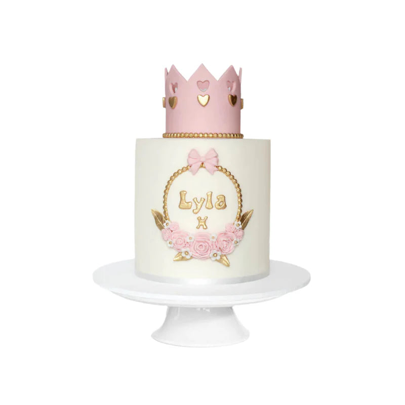 princess birthday cake with pink crown and gold decorations custom cake Lebanon