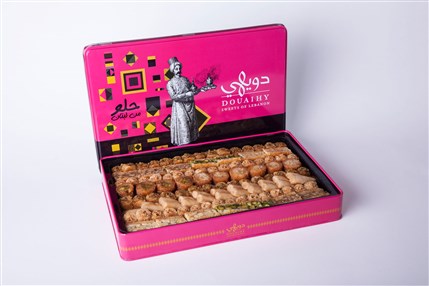 Rectangular tin filled with luxury Lebanese baklava assortment by Douaihy Sweets