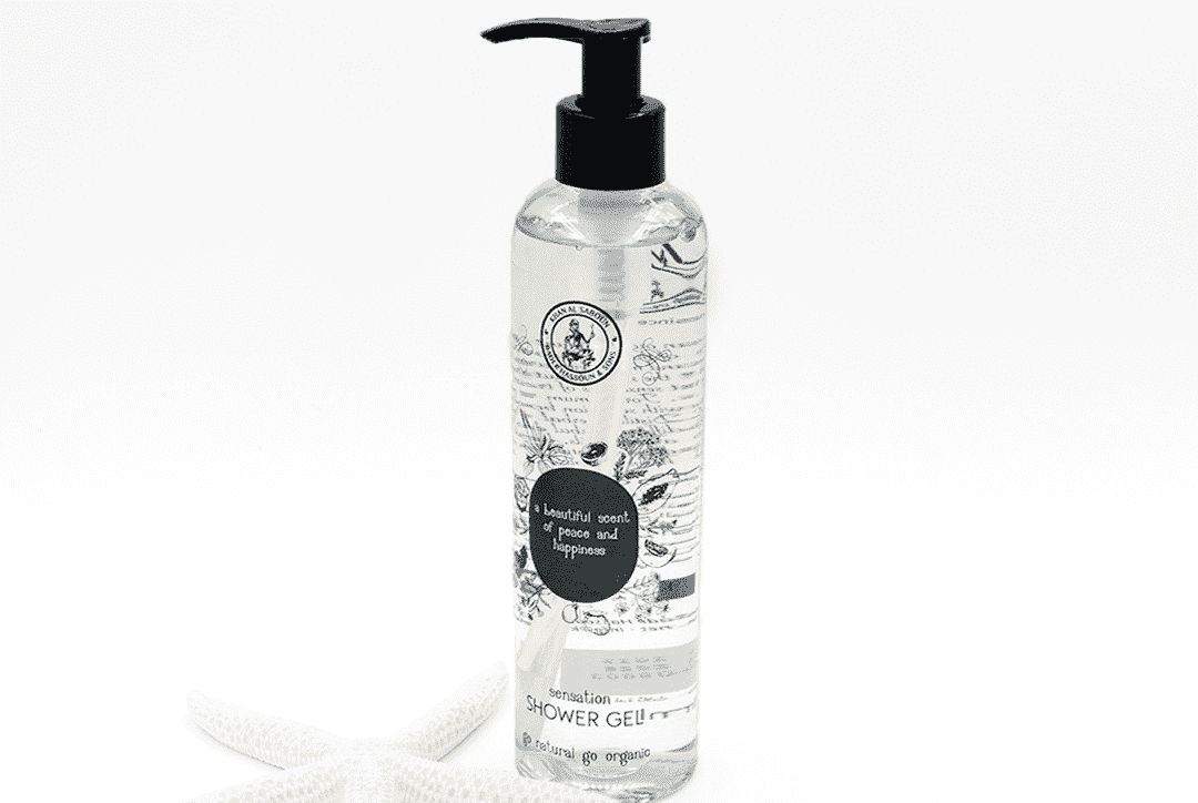 Sensation shower gel bottle by Khan Al Saboun with natural skincare presentation in USA
