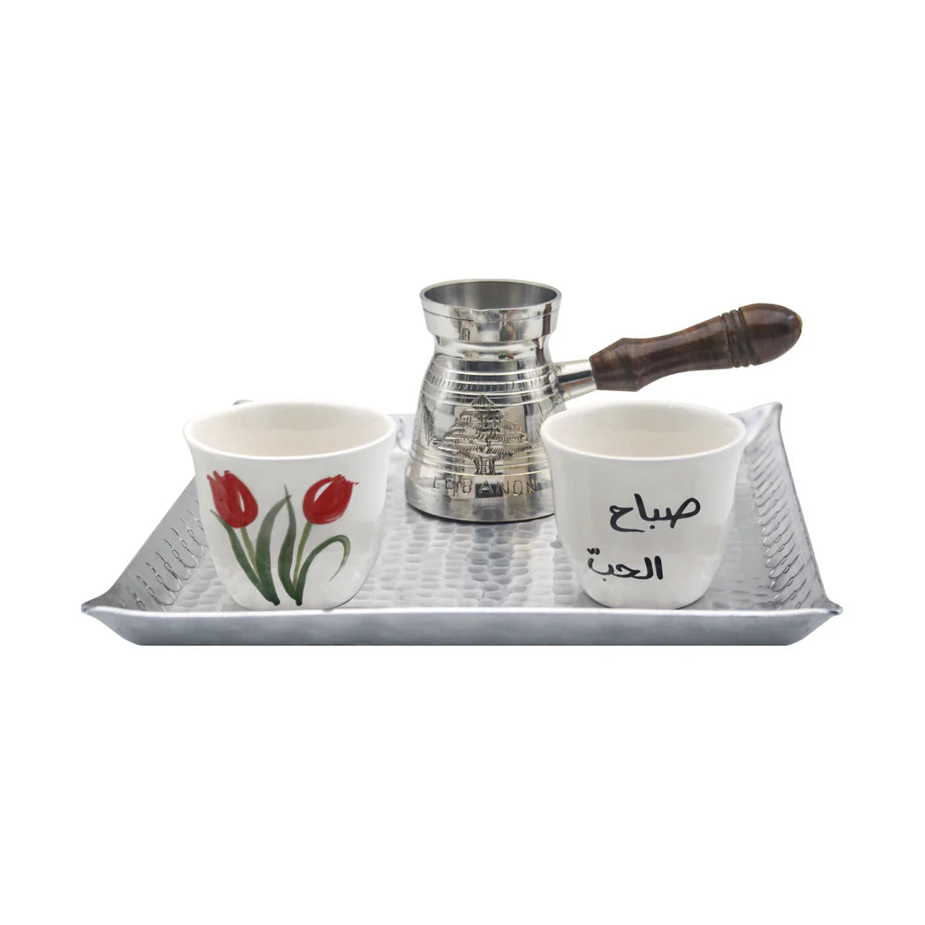 Handmade Morning Love traditional coffee set with aluminum coffee pot and ceramic cups crafted in Lebanon