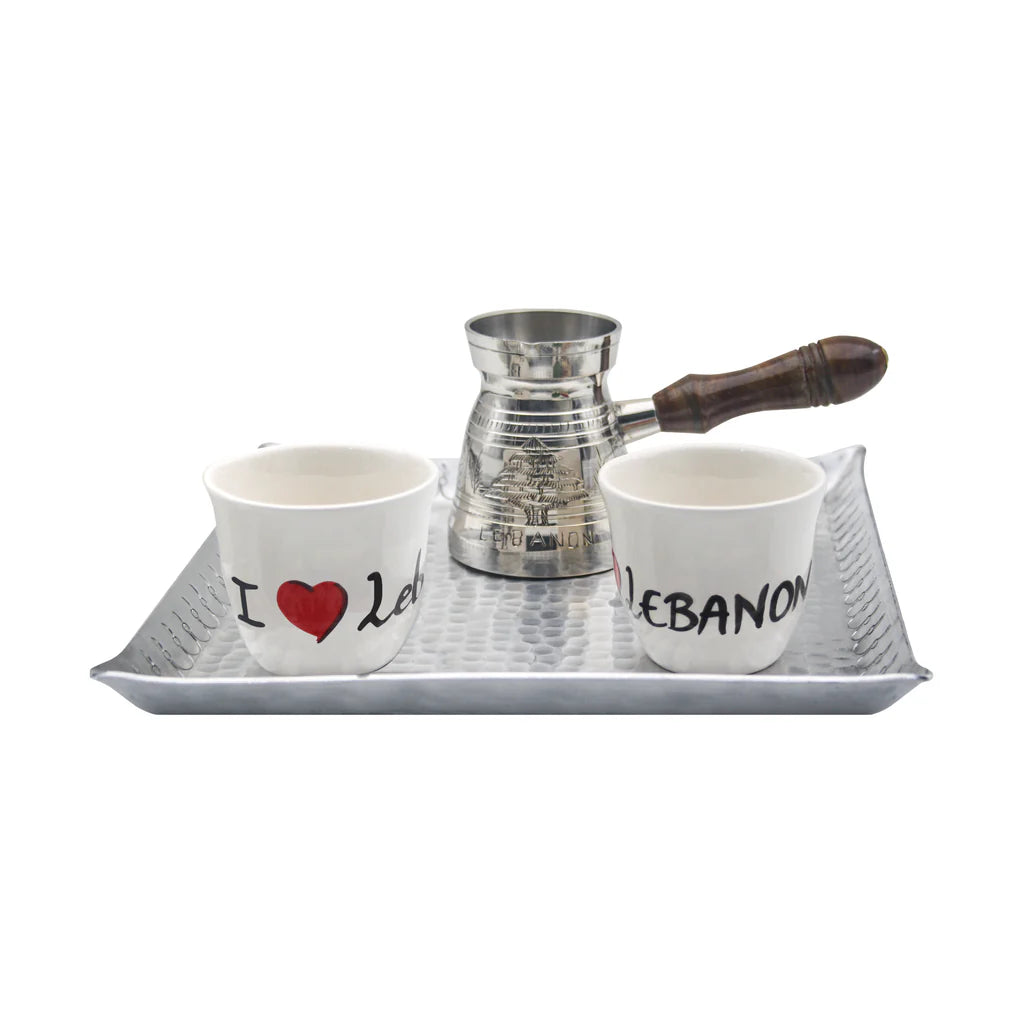 Handmade I Love Lebanon traditional coffee set with aluminum coffee pot and ceramic cups crafted in Lebanon