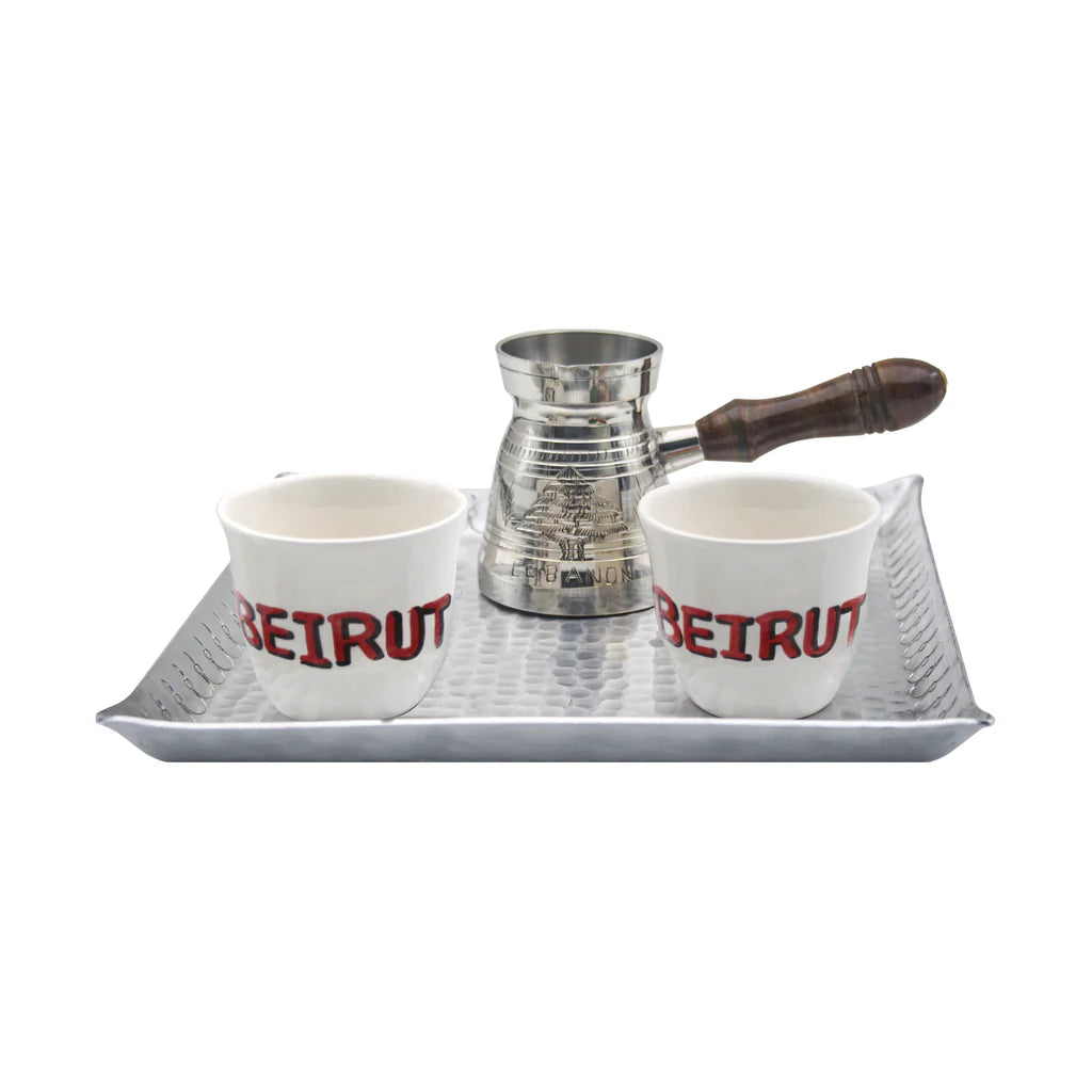 Handmade Beirut traditional coffee set with aluminum coffee pot and ceramic cups crafted in Lebanon