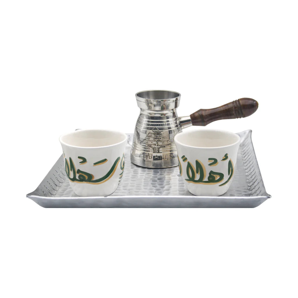 Handmade Ahlan Wa Sahlan traditional coffee set with aluminum coffee pot and ceramic cups crafted in Lebanon
